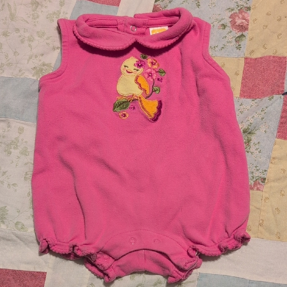 Pink Baby Romper with Bird Embroidery